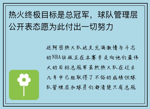 热火终极目标是总冠军，球队管理层公开表态愿为此付出一切努力