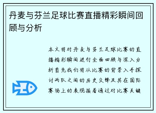 丹麦与芬兰足球比赛直播精彩瞬间回顾与分析